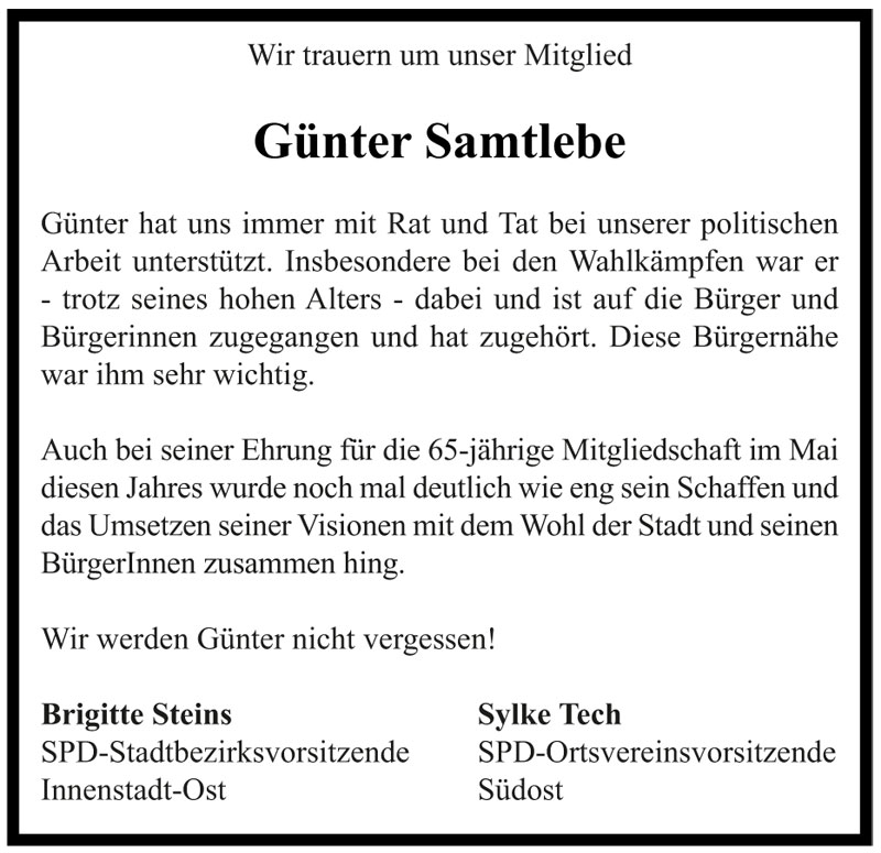  Traueranzeige für Günter Samtlebe vom 16.07.2011 aus 